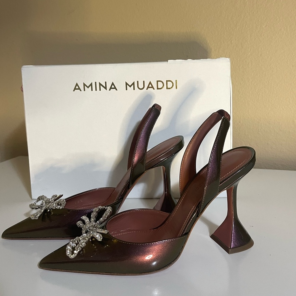 Amina Muaddi Rosie Pointed Toe Slingback Pump in winter nude, size 36.5 EU